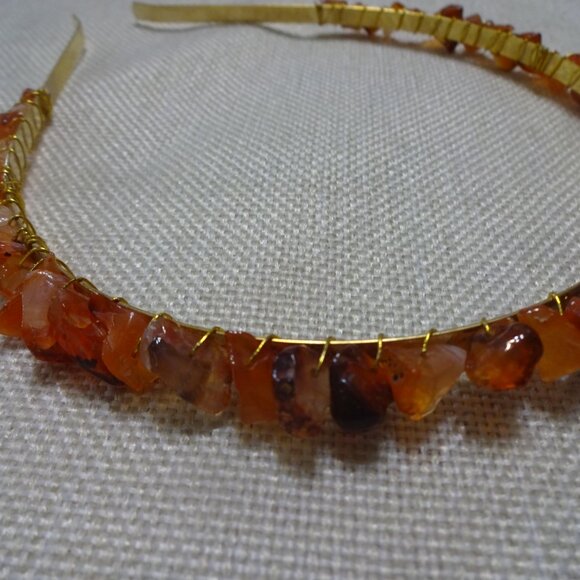 Beautiful CARNELIAN CHIP Handmade Gold Wire-Wrapped Headband #701C - Picture 3 of 3